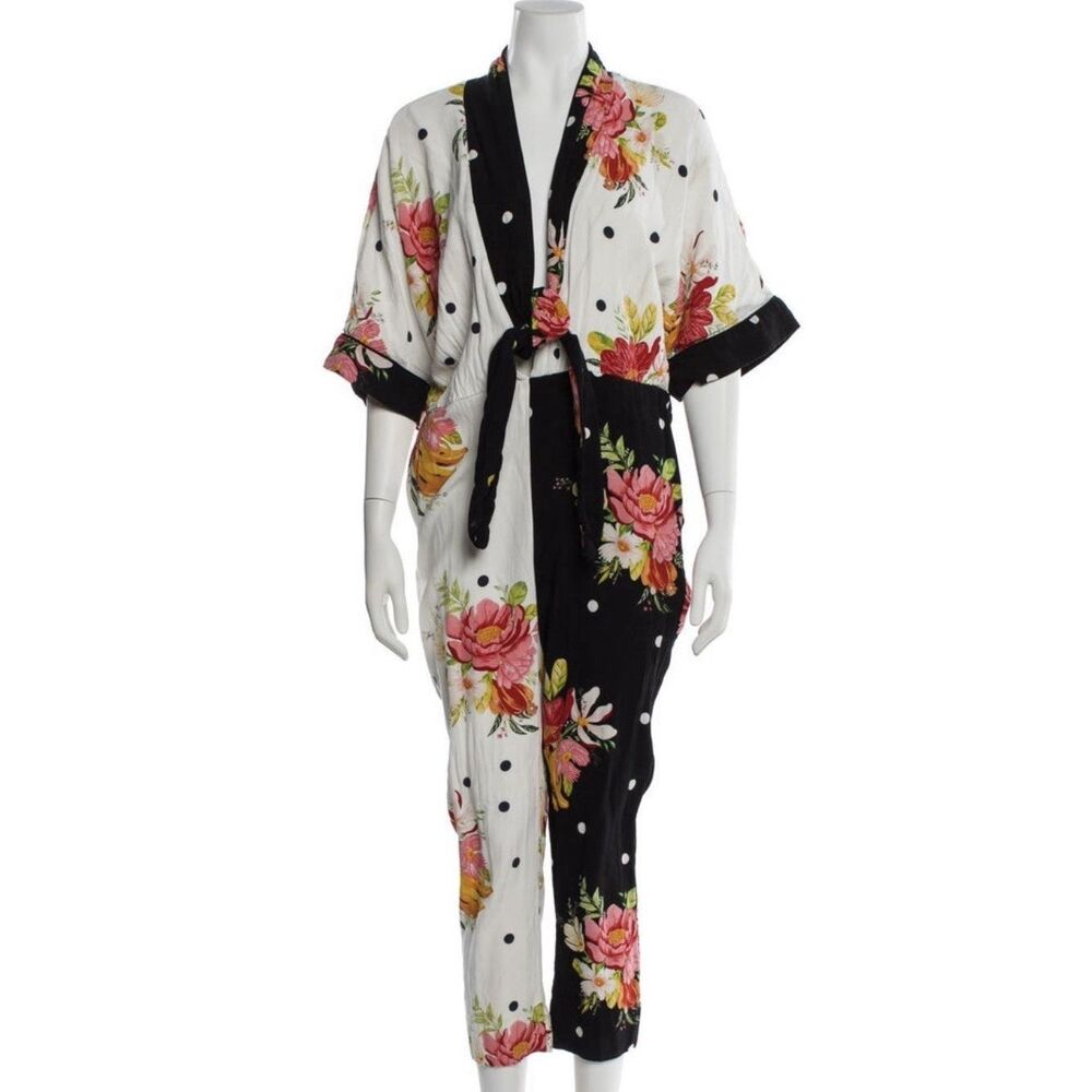 Farm Rio Mixed Nanaju Jumpsuit M Floral Polka Dot Tropical Whimsy Cottagecore - Picture 4 of 16
